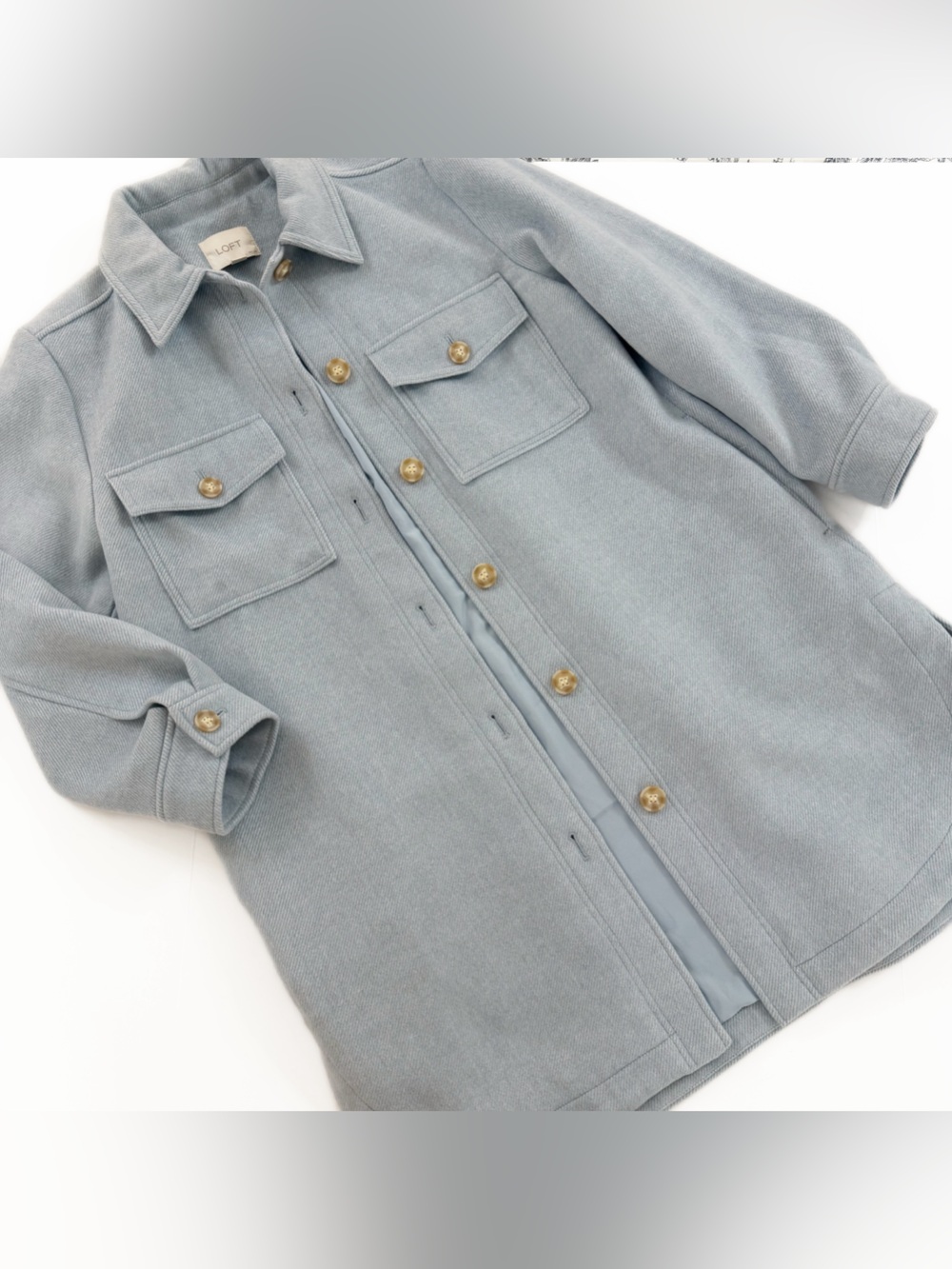Loft Shacket Shirt Jacket Womens Large Petite Blue Brushed Fleece